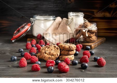 Crispy Homemade Chocolate Biscuits, Raspberries And Blueberries