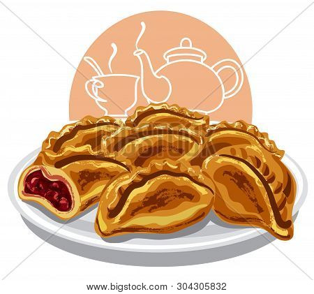 Illustration Of The Pirogies Pasties With Berries And Tea