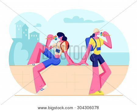 Couple Of Female Tourist Characters With Photo Cameras Sitting On Parapet Eating Ice Cream In Hot We