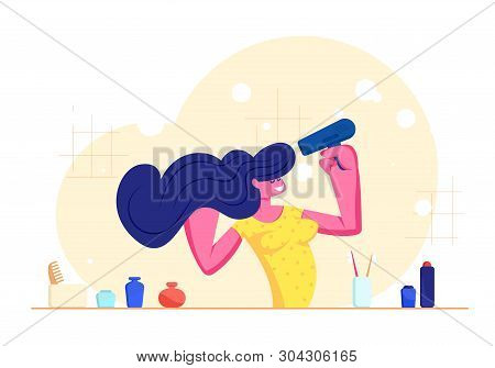 Morning Hygiene Procedure In Bathroom. Young Adorable Woman Stand In Front Of Mirror And Sink Drying