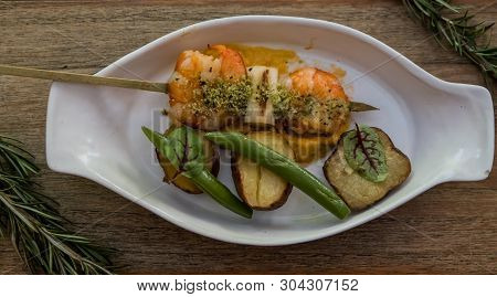 Grilled Shrimp Skewers. Seafood, Shelfish. Shrimps Prawns Skewers With Herbs, Garlic. Shrimps Prawns