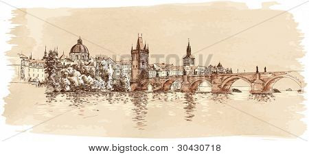 Panorama von Prag. Ansicht der Karlsbrücke und dem Vltava Fluss Damm. Bitmap zu kopieren mein Vektor