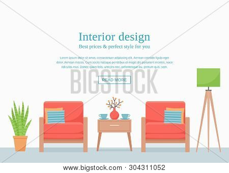 Room Interior. Vector. Living Room With Coral Armchairs And Coffee Table On Empty Wall With Space Fo
