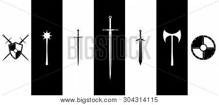Medieval Weapon And Shields Set, Armory Black And White