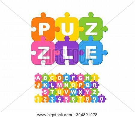 Vector Of Modern Bold Font And Alphabet. Colorful Background Puzzle.
