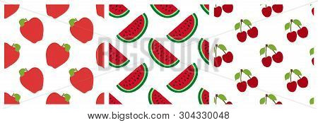 Red Apple, Watermelon And Cherry. Fruit Seamless Pattern Set. Fashion Design. Food Print For Clothes