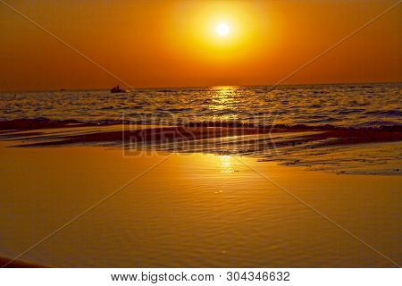 Warm, Amazing Sea Wave Close Up On The Beach Sunrise Like A Sunset, Nature Landscape Background.