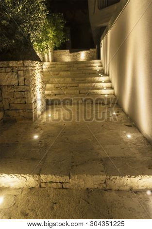 Much Steps Made Of Stone Illuminated By The Light Of The Evening