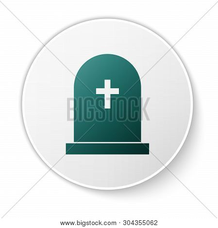 Green Tombstone With Cross Icon Isolated On White Background. Grave Icon. Green Circle Button. Vecto