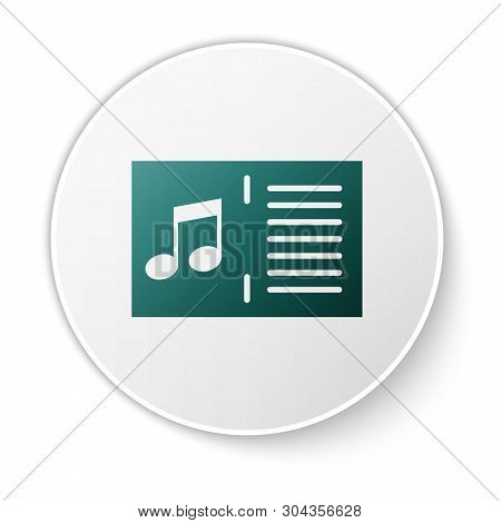 Green Music Book With Note Icon Isolated On White Background. Music Sheet With Note Stave. Notebook 