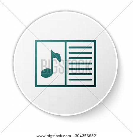Green Music Book With Note Icon Isolated On White Background. Music Sheet With Note Stave. Notebook 