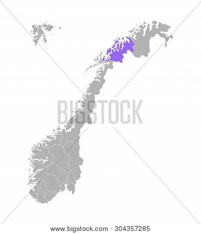 Vector Isolated Simplified Illustration With Grey Silhouette Of Norway, Violet Contour Of Troms (tro