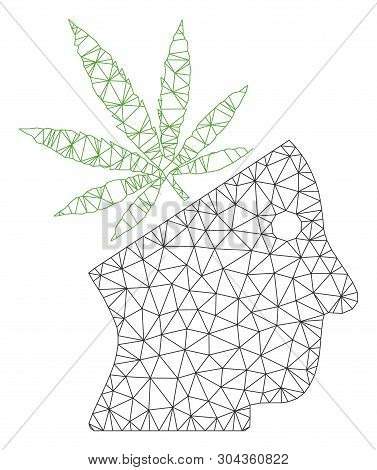 Mesh Cannabis Thinking Head Polygonal 2d Vector Illustration. Carcass Model Is Based On Cannabis Thi