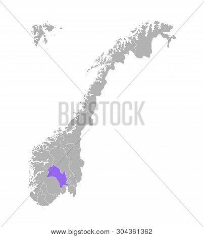 Vector Isolated Simplified Illustration With Grey Silhouette Of Norway, Violet Contour Of Buskerud R