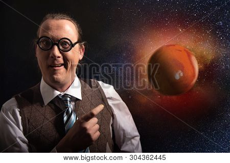 Funny Scientist Looking To Universe And Planet Mars