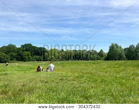 HAMPSTEAD, LONDON - JUNE 1, 2019: People having a picnic on Hampstead Heath on a sunny Saturday in North London, UK.