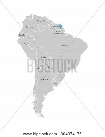 Vector Illustration With Simplified Map Of South America Continent With Blue Contour Of French Guian