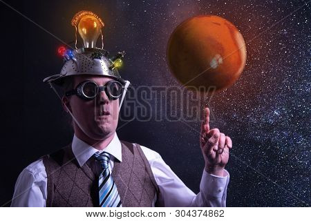 Funny Scientist Looking To Universe And Planet Mars