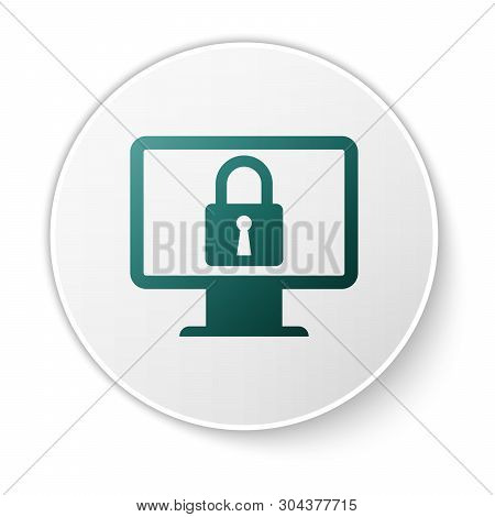 Green Lock On Computer Monitor Screen Icon Isolated On White Background. Monitor And Padlock. Securi
