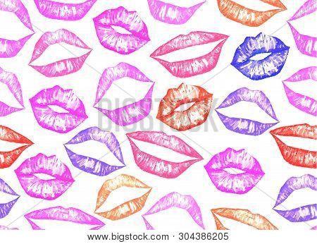 Pink Watercolor Lips Seamless Pattern Hand Made Illustration. Half-open Lips