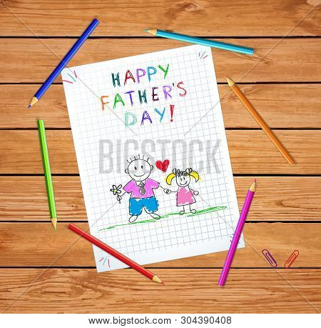 Happy Father Day Baby Hand Drawn Illustration Of Dad Hold Hands With Daughter On Checked Paper Sheet