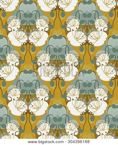 Ocher Poppies Seamless Pattern Vector Floral Design Primitive Scandinavian