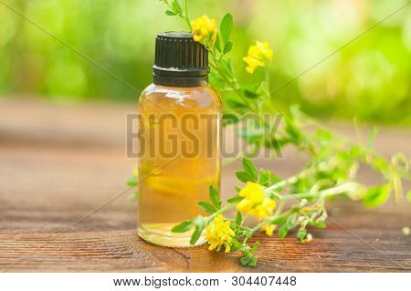 Burclover Essential Oil In  Beautiful Bottle On White Background