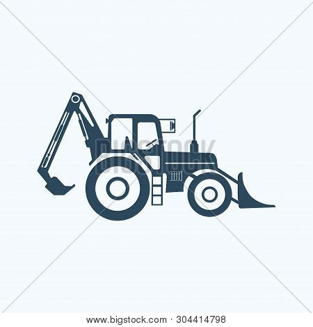 Tractor Icon With Higher Lift And Bale Spake. Vector On White.