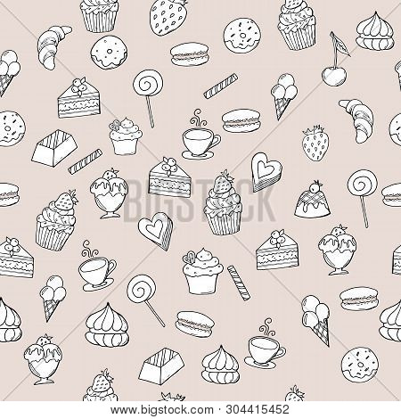 Hand Drawn Sweet Pastry With Berries On Isolated Background, Seamless Pattern