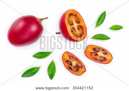 Fresh Tamarillo Fruit With Leaves Isolated On White Background. Top View. Flat Lay
