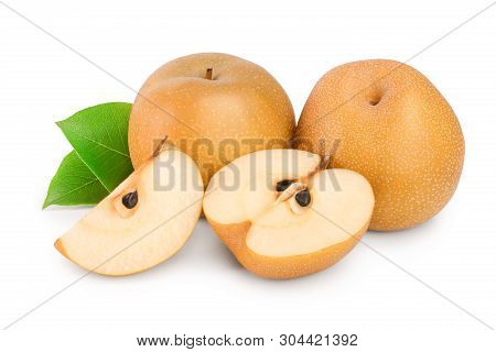 Fresh Asian Pear With Leaf Isolated On White Background