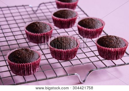 Chocolate Mini Cupcakes On Rack And Pink Background.