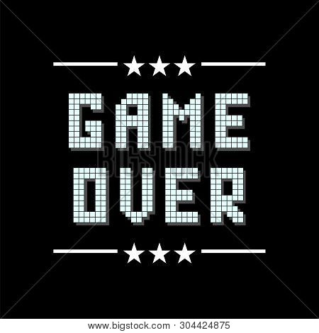 Retro Pixel Game Over Sign With Stars On Black Background. Gaming Concept. Video Game Screen.