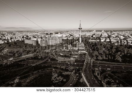 MADRID, SPAIN â MAY 13, 2018: Torrespana or Spain Tower is a television tower for National terrestrial television channels RTVE, Telecinco, Antena 3 and Telemadrid.