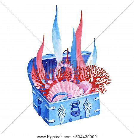 Gouache Undersea Old Blue Chest With Pink Treasure, Red Coral And Aglae