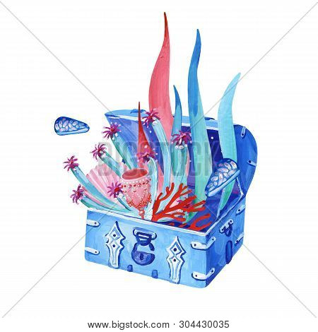 Gouache Undersea Old Blue Chest With Treasure, Coral And Green Aglae