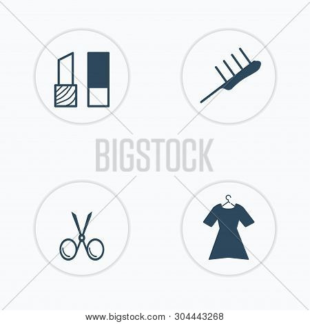 Beauty Vectors Set Of 4 Beauty Filled Icons. Lipstick, Stick Comb,dress, Scissors.