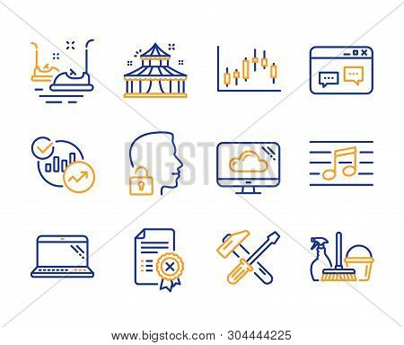 Bumper Cars, Musical Note And Laptop Icons Simple Set. Reject Certificate, Cloud Storage And Unlock 