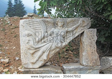 Winged Goddess Nike Marble Bas Relief, Goddess Of Victory, Along The Curetes Road In The Ancient Cit