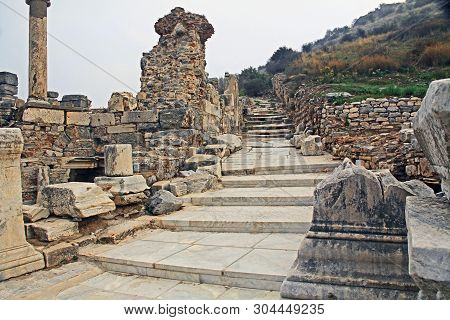 Side Street With Many Steps Along The Curetes Road In The Ancient City Ruins Of Ephesus, Turkey Near