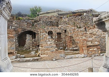 Unearthed Ruins Along The Curetes Road In The Ancient City Of Ephesus, Turkey Near Selcuk With The H