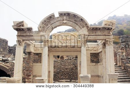 Temple Of Hadrian Along The Curetes Road In The Ancient City Ruins Of Ephesus, Turkey Near Selcuk.