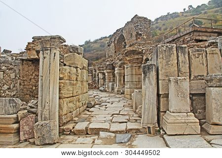 Side Street Along The Curetes Road In The Ancient City Ruins Of Ephesus, Turkey Near Selcuk.