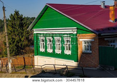 Borovsk, Russia - October 2018: Wooden House Of Traditional Architecture In The City Of Borovsk