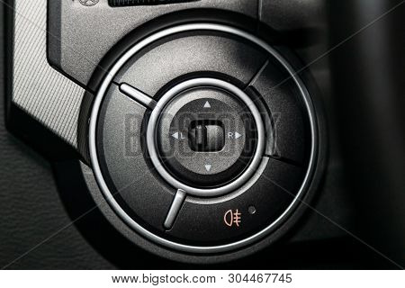 Novosibirsk, Russia - May 31, 2019:  Ssangyong Kyron,close-up Of The  Buttons: Side Mirror Adjustmen