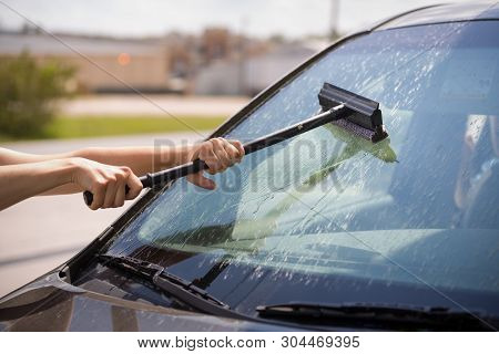 Hands Of The Girl Wash The Windshield Of The Car With A Special Brush From Dried Flying Insects. The