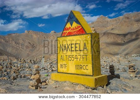 Ladakh, Jammu And Kashmir, India: Dated- May 3, 2019: A Milestone At Nakeela Pass In Zanskar Range  
