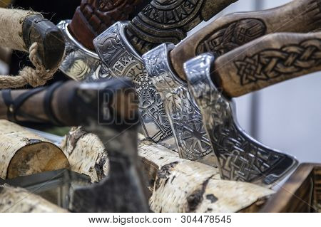 Axe Texture Close Up. A  Handmade  Forged Axe. High Contrast And Shallow Depth Of Field