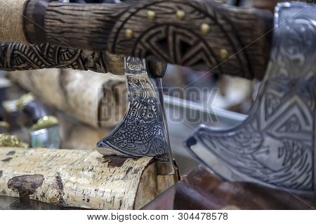 Axe Texture Close Up. A  Handmade  Forged Axe. High Contrast And Shallow Depth Of Field