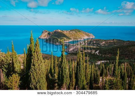 View Of Assos Peninsula And Assos Castle In Kefalonia, Greece